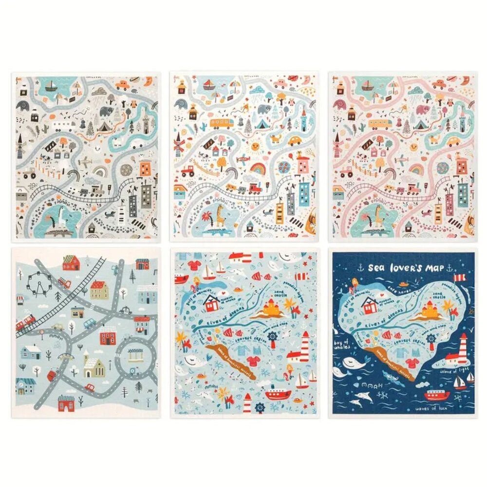 NEW Set of 6 Swedish Dishcloths - Road and Maps - Reusable, Biodegradable